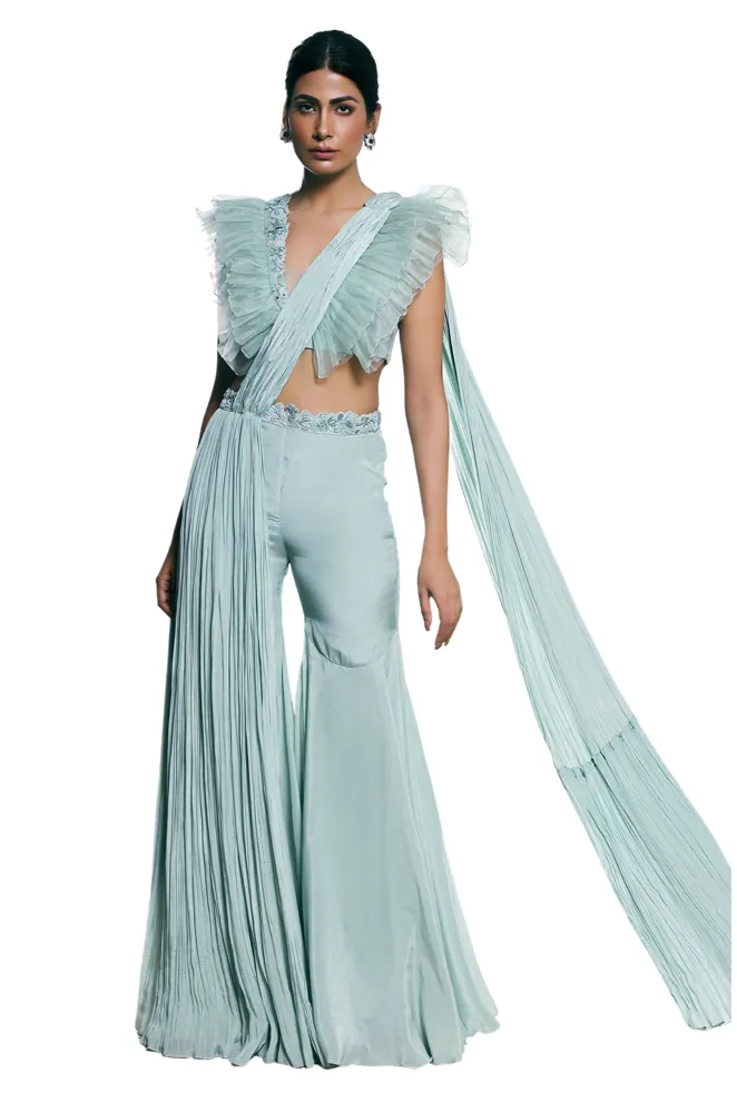 SAMPLE SALE: Mint Green Pleated Pant Sari with Ruffle Blouse