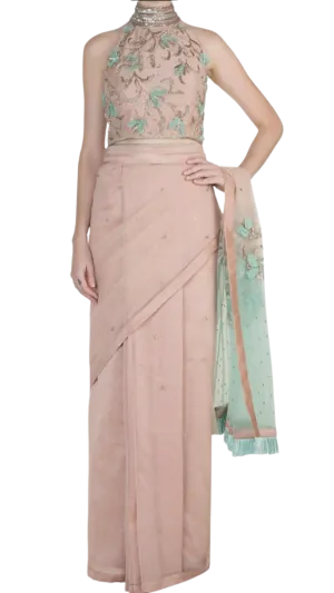 SAMPLE SALE: Nude & Mint Embroidered Sari Set