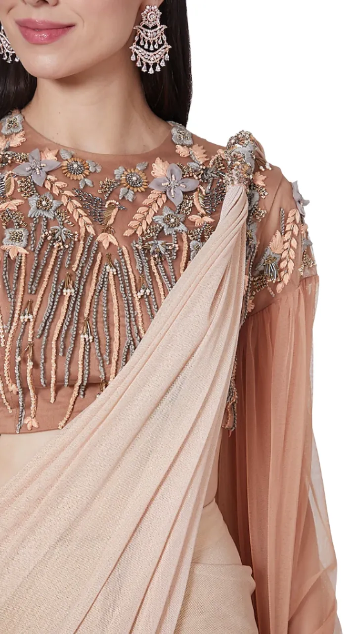 SAMPLE SALE: Peach and Grey Embellished Pre-Draped Cape Sari