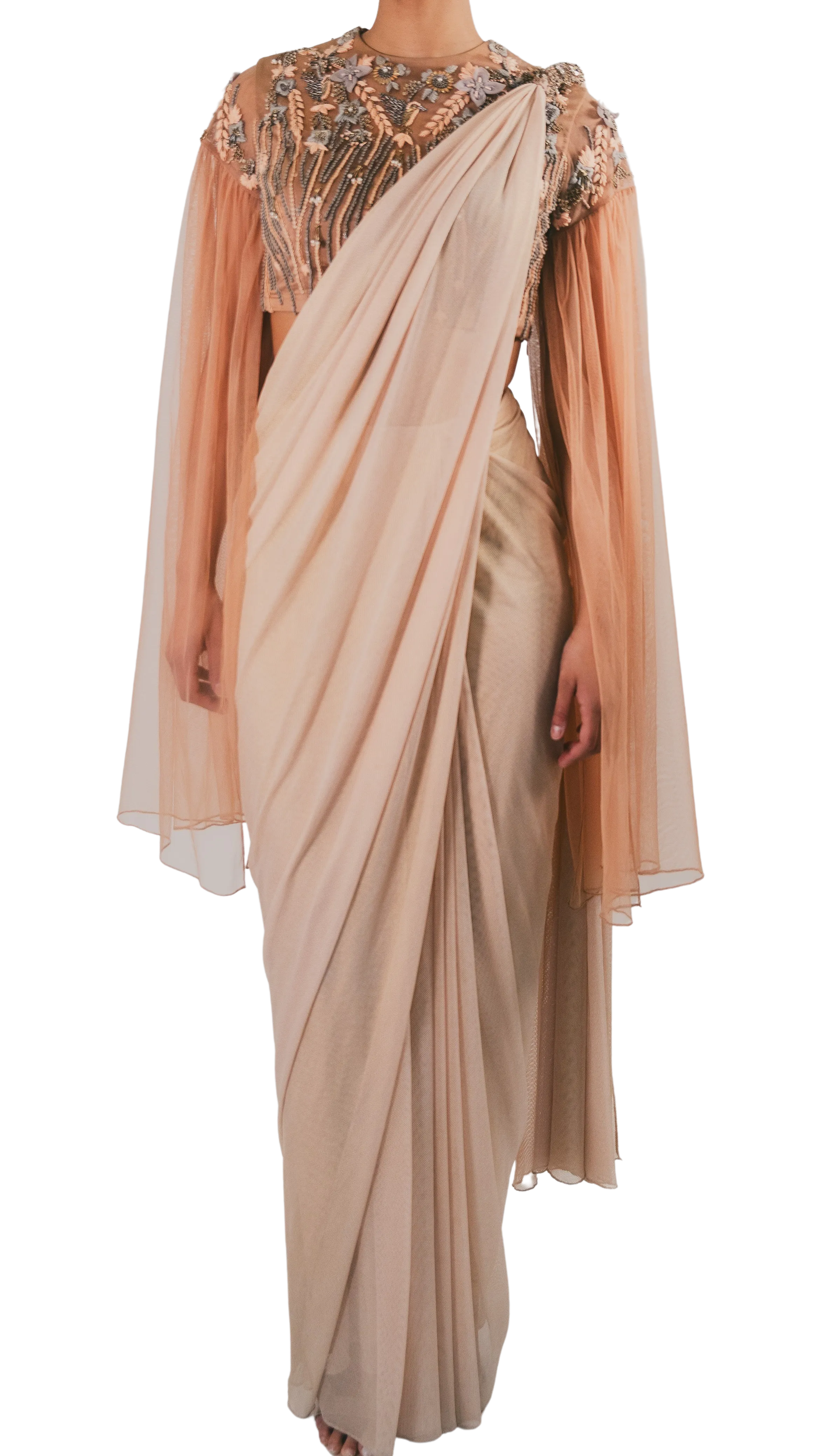 SAMPLE SALE: Peach and Grey Embellished Pre-Draped Cape Sari