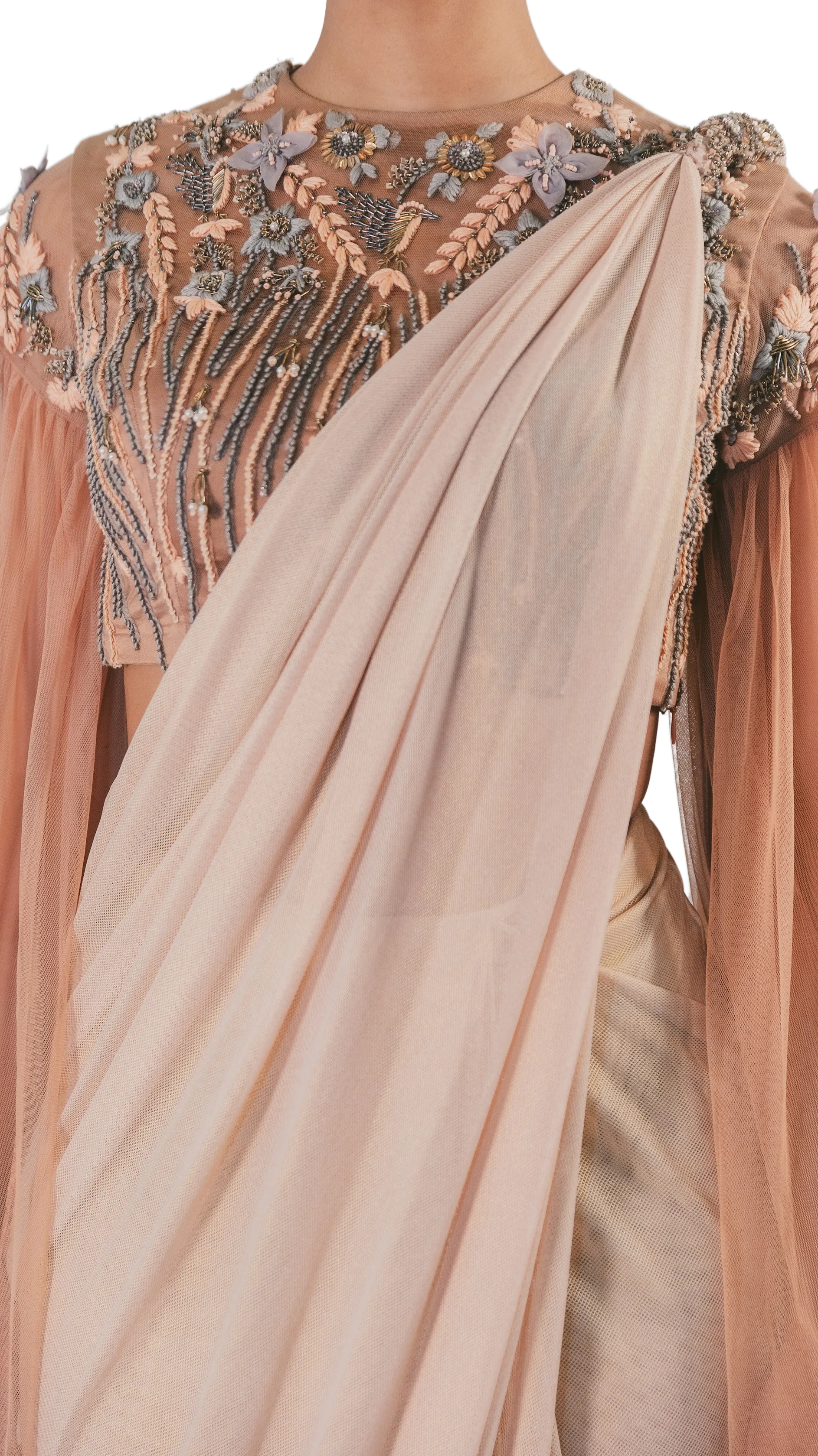 SAMPLE SALE: Peach and Grey Embellished Pre-Draped Cape Sari