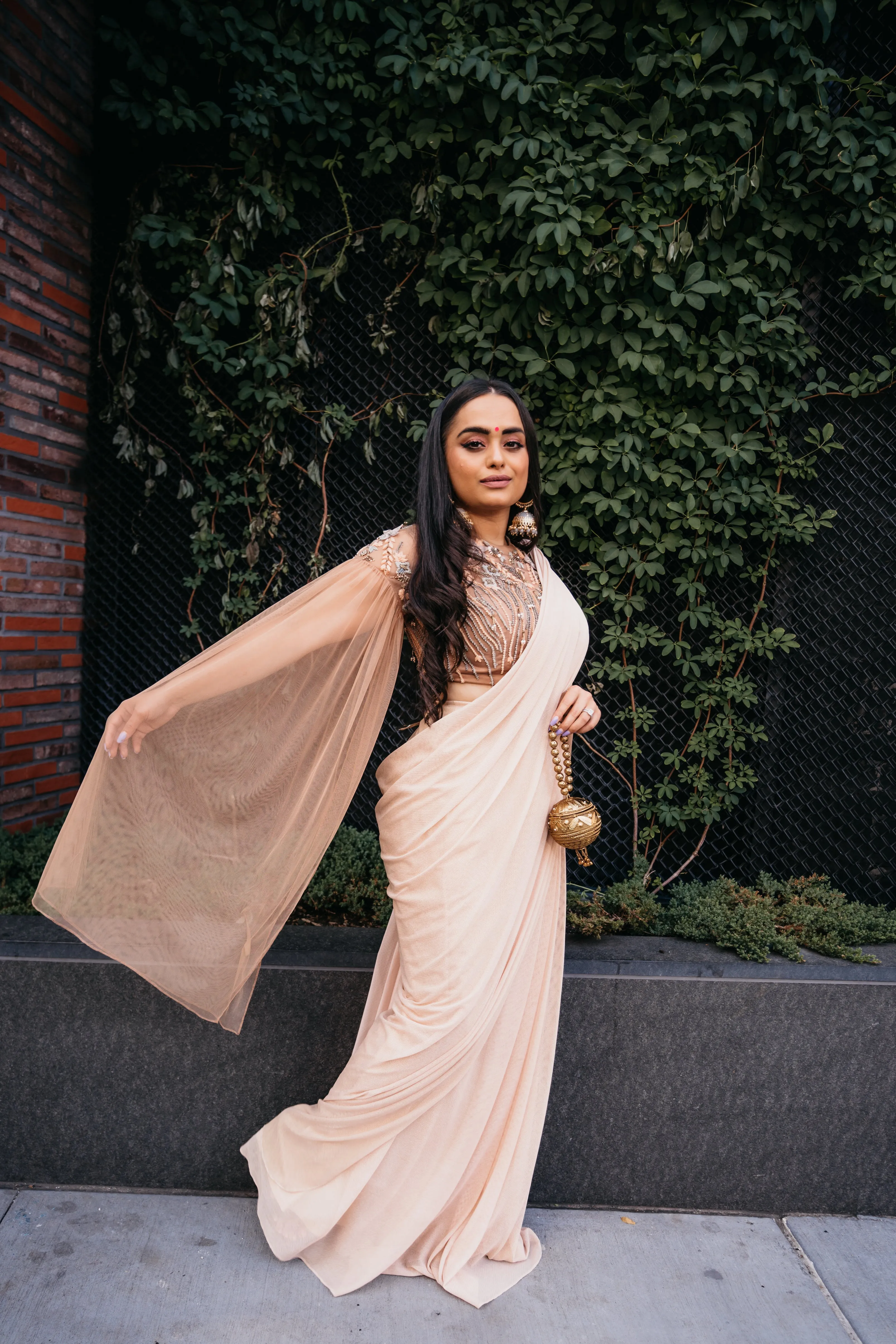 SAMPLE SALE: Peach and Grey Embellished Pre-Draped Cape Sari