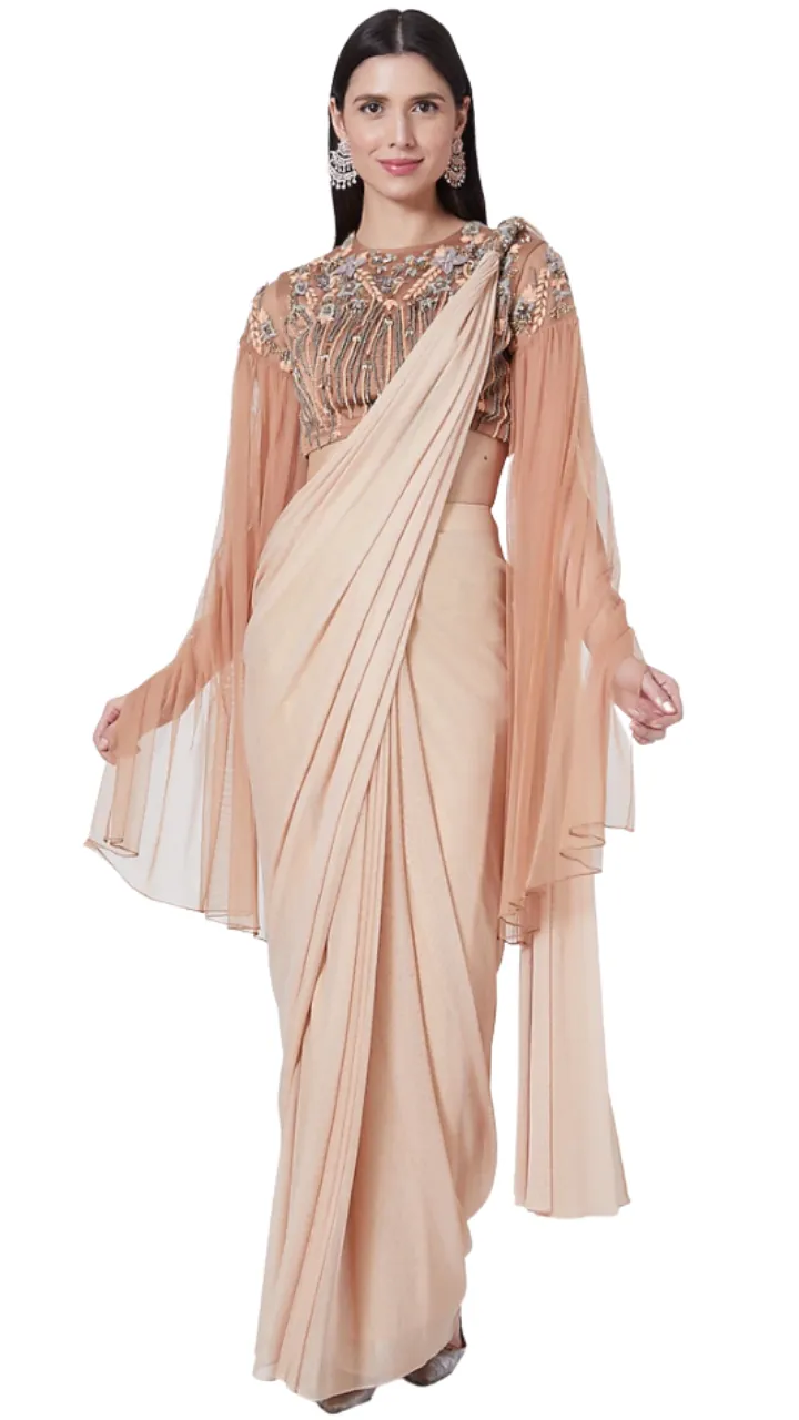 SAMPLE SALE: Peach and Grey Embellished Pre-Draped Cape Sari