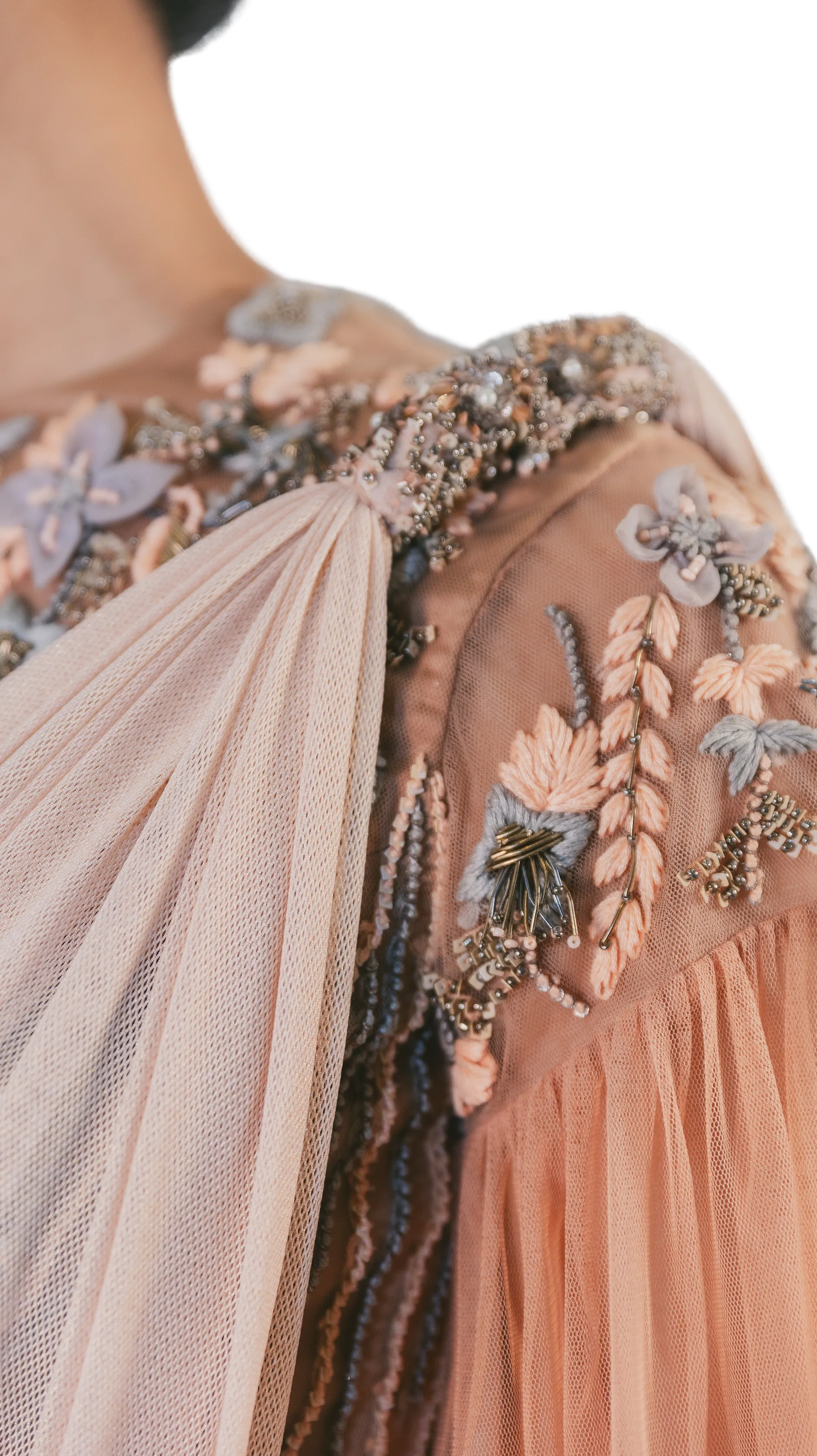 SAMPLE SALE: Peach and Grey Embellished Pre-Draped Cape Sari