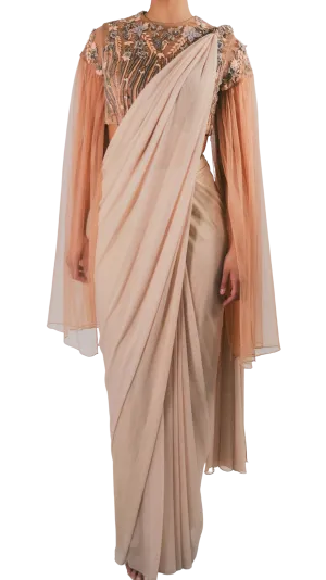 SAMPLE SALE: Peach and Grey Embellished Pre-Draped Cape Sari