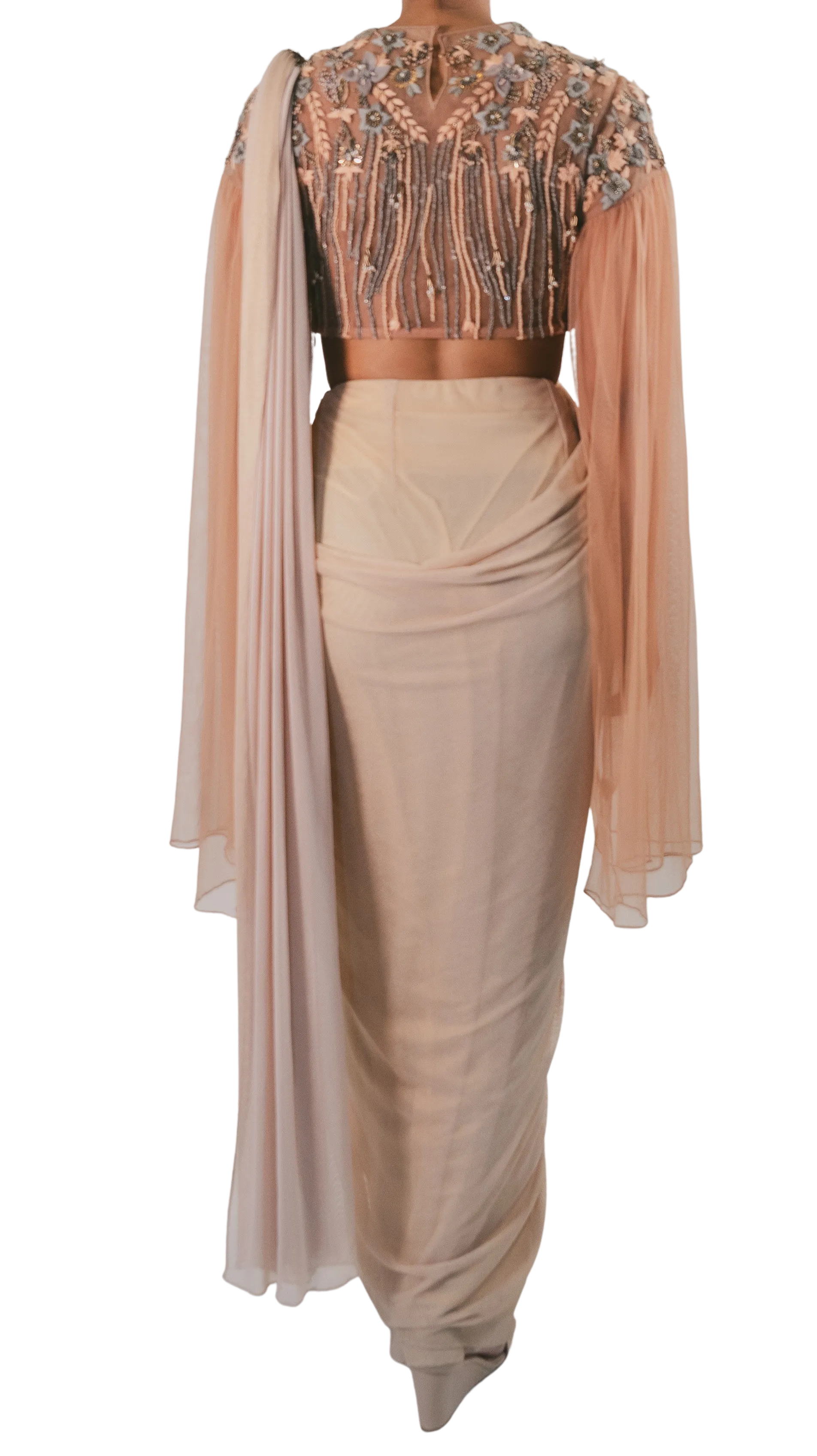 SAMPLE SALE: Peach and Grey Embellished Pre-Draped Cape Sari