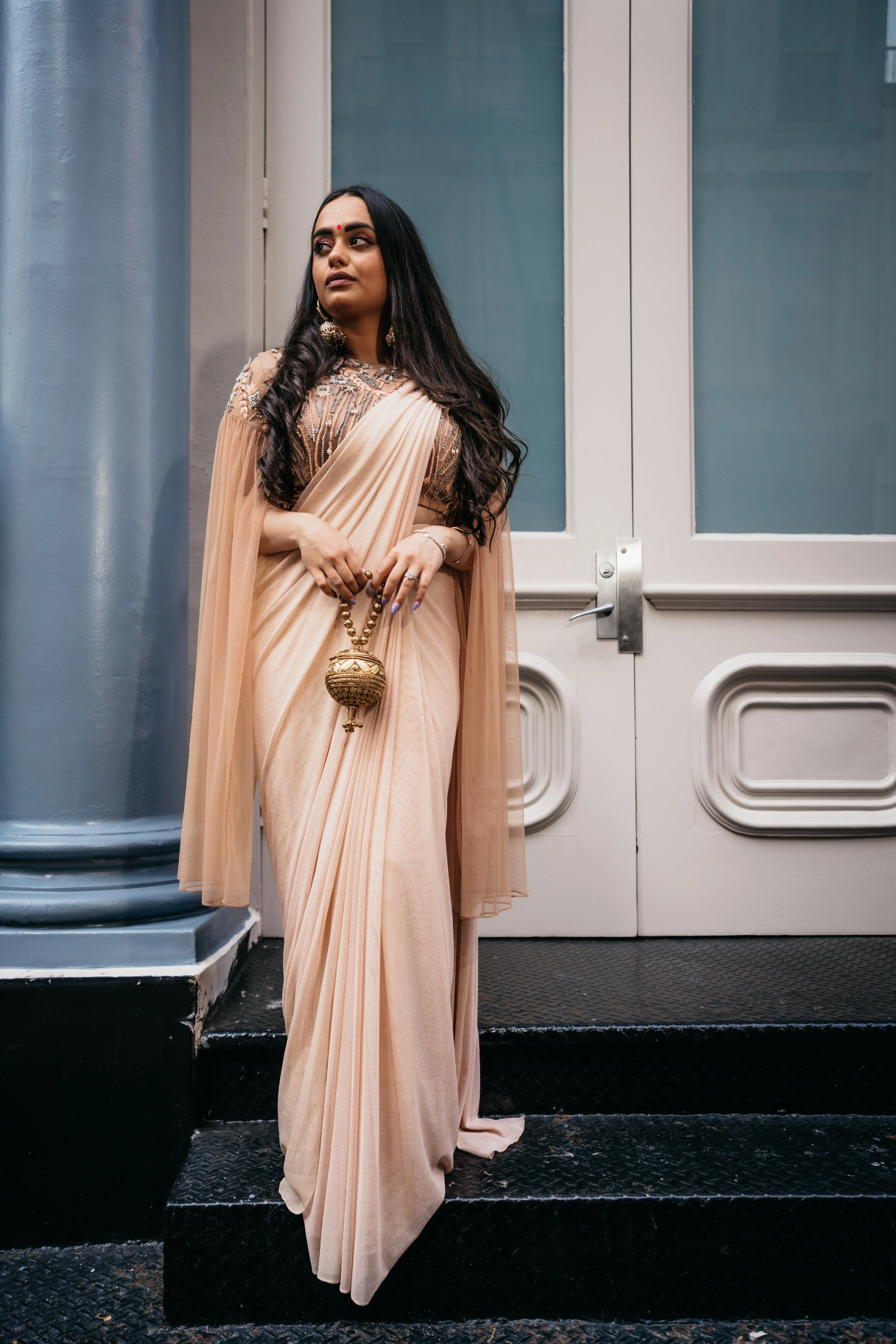 SAMPLE SALE: Peach and Grey Embellished Pre-Draped Cape Sari