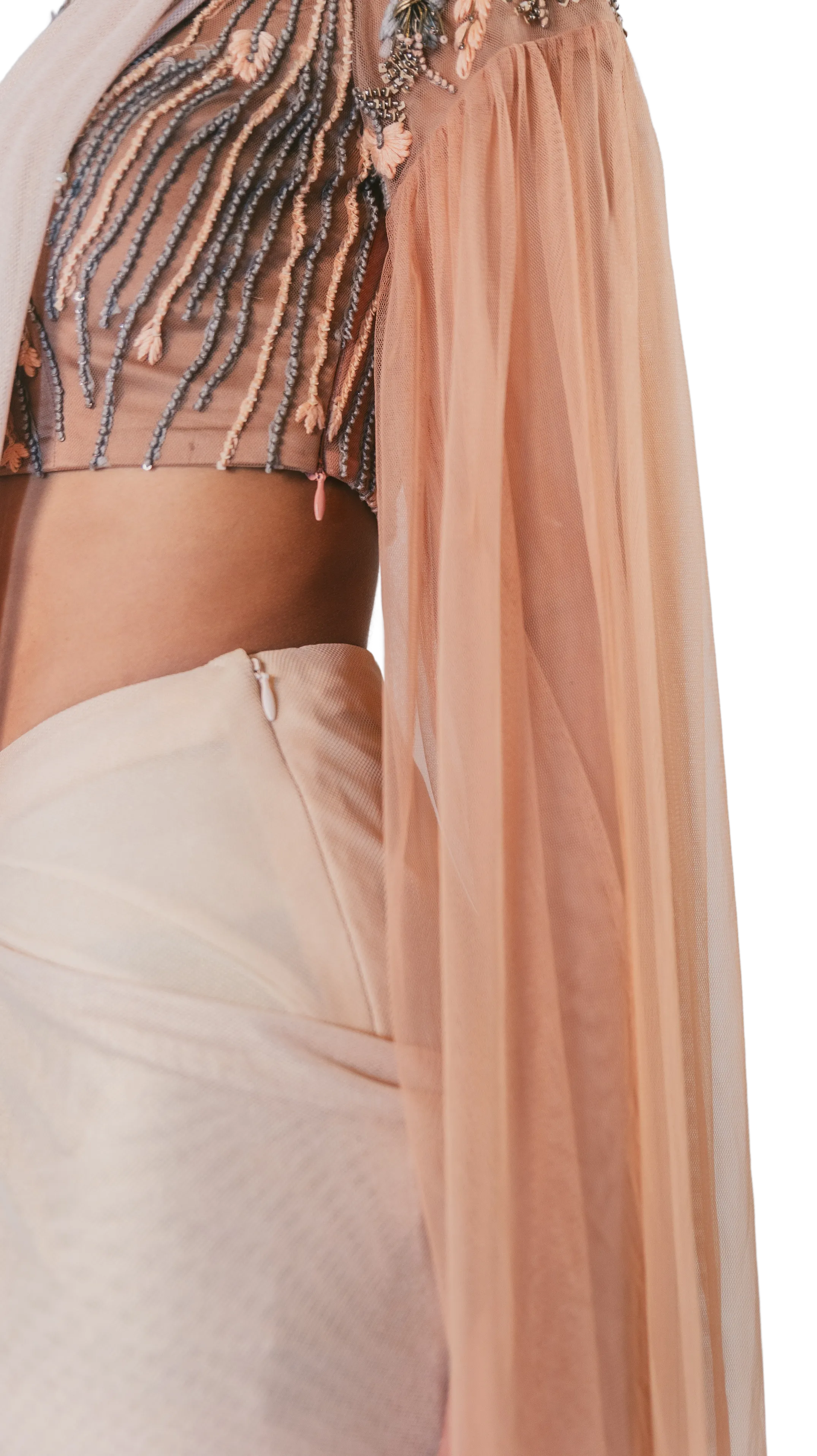 SAMPLE SALE: Peach and Grey Embellished Pre-Draped Cape Sari