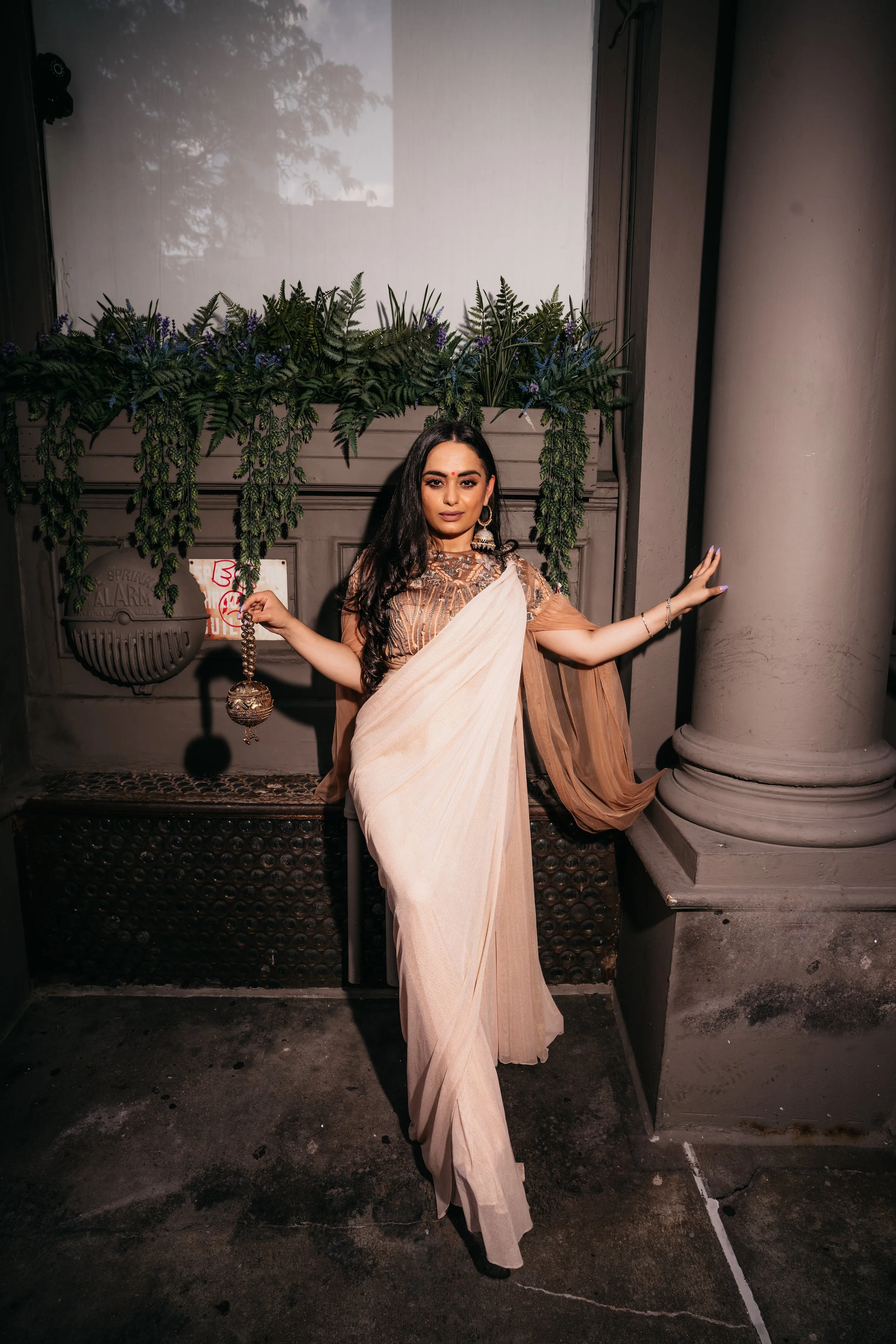 SAMPLE SALE: Peach and Grey Embellished Pre-Draped Cape Sari