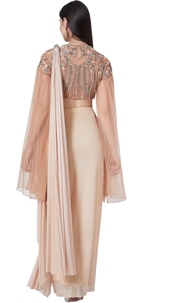 SAMPLE SALE: Peach and Grey Embellished Pre-Draped Cape Sari