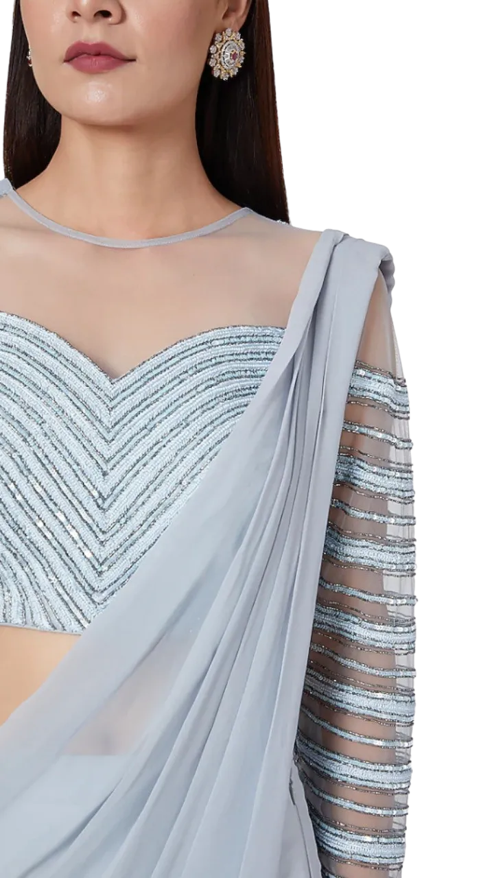 SAMPLE SALE: Powder Blue Embroidered Pre-Draped Mermaid Sari