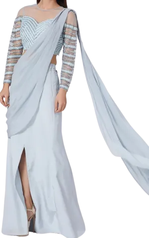 SAMPLE SALE: Powder Blue Embroidered Pre-Draped Mermaid Sari