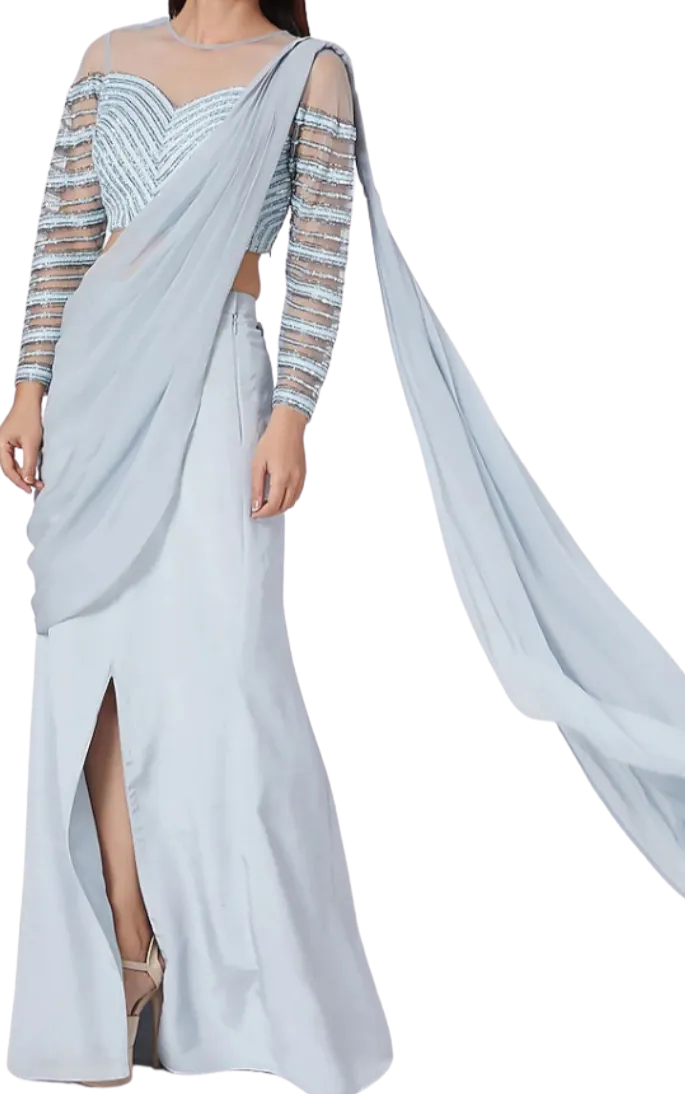 SAMPLE SALE: Powder Blue Embroidered Pre-Draped Mermaid Sari