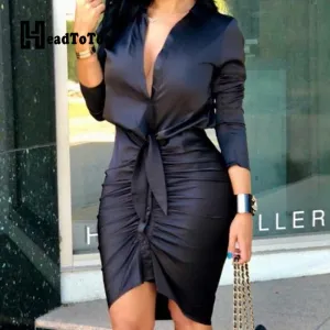 Satin Pleated Lace Up Sexy OL Shirt Dress
