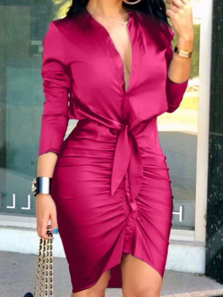 Satin Pleated Lace Up Sexy OL Shirt Dress