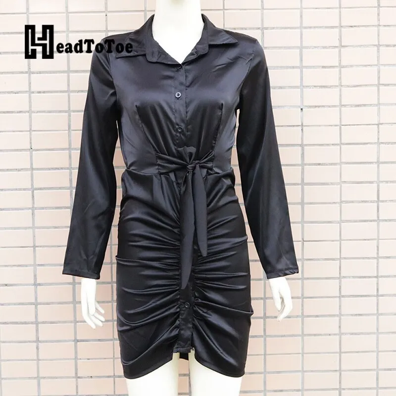 Satin Pleated Lace Up Sexy OL Shirt Dress