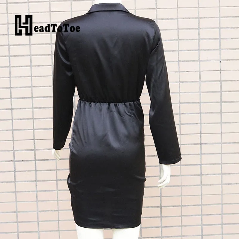 Satin Pleated Lace Up Sexy OL Shirt Dress