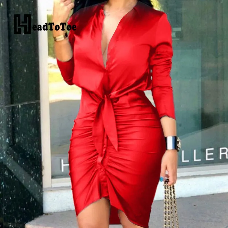 Satin Pleated Lace Up Sexy OL Shirt Dress