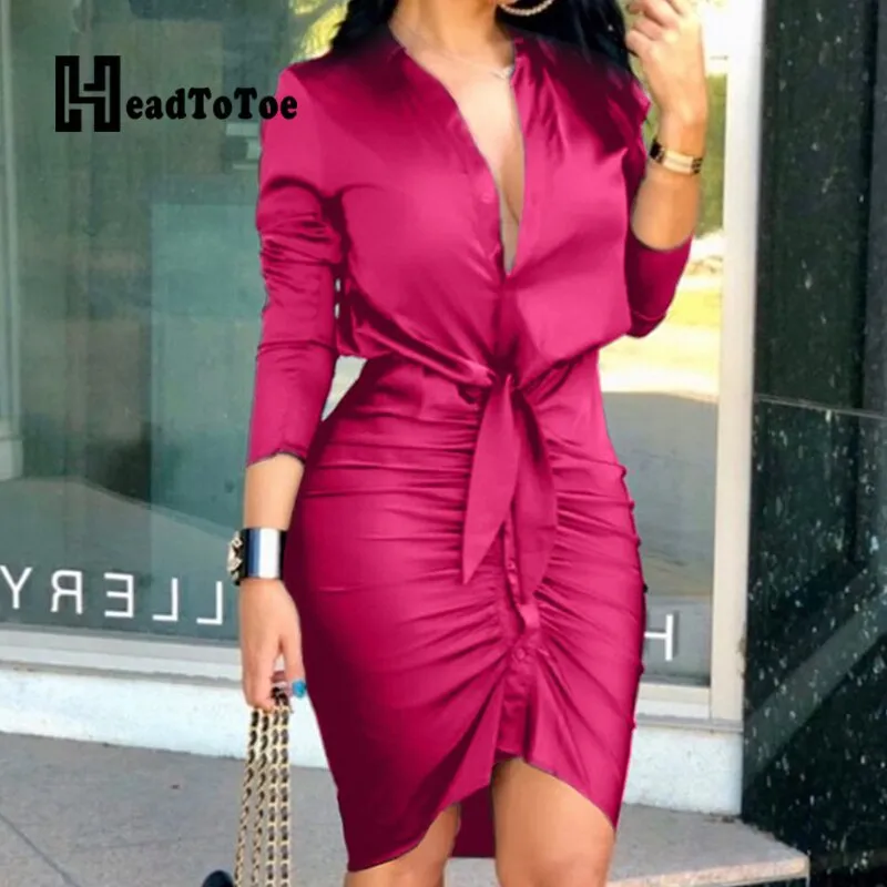 Satin Pleated Lace Up Sexy OL Shirt Dress
