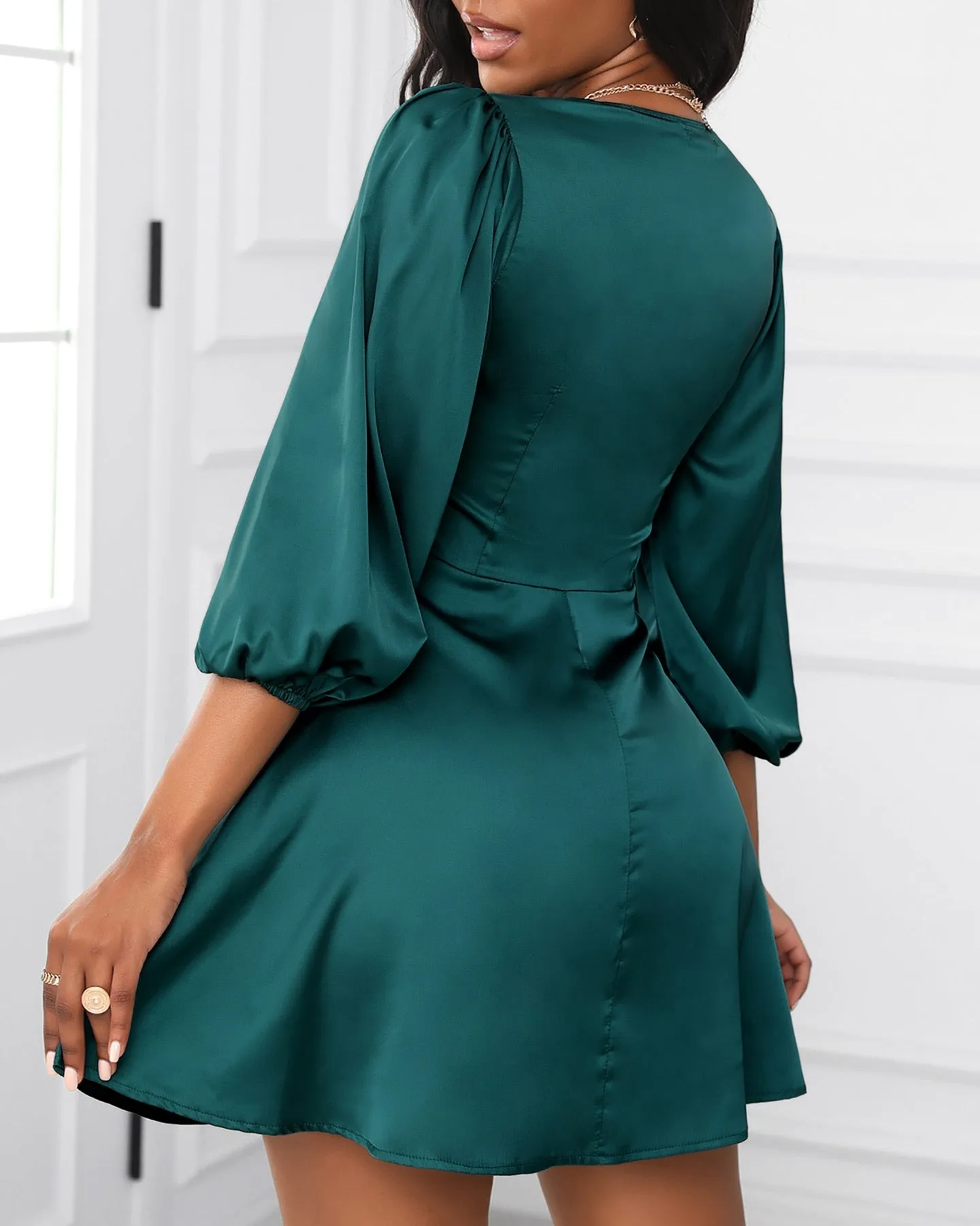 Satin Puff Sleeve Plunge Tie Front Dress
