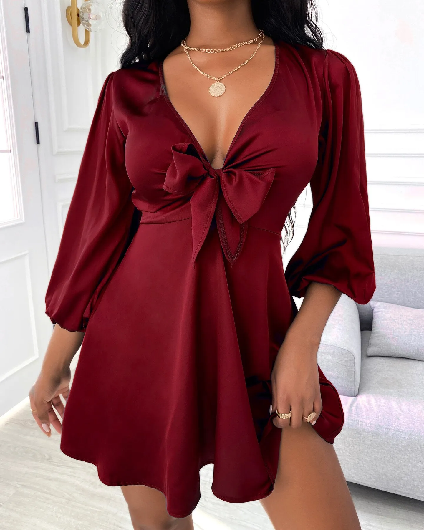 Satin Puff Sleeve Plunge Tie Front Dress