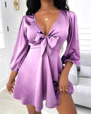 Satin Puff Sleeve Plunge Tie Front Dress