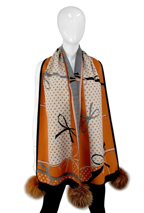 SCOC04 - Narrow Bow Print Scarf w/ Fox Poms