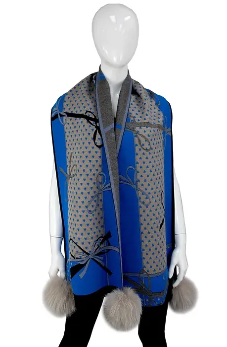 SCOC04 - Narrow Bow Print Scarf w/ Fox Poms