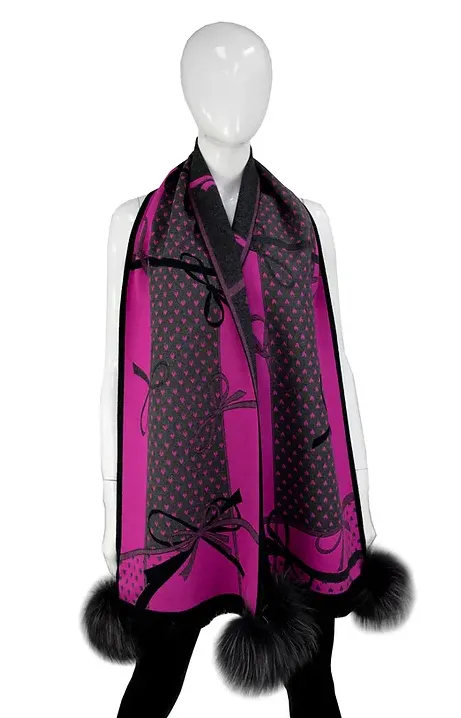 SCOC04 - Narrow Bow Print Scarf w/ Fox Poms