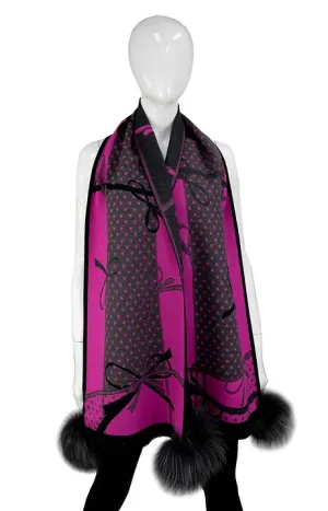 SCOC04 - Narrow Bow Print Scarf w/ Fox Poms