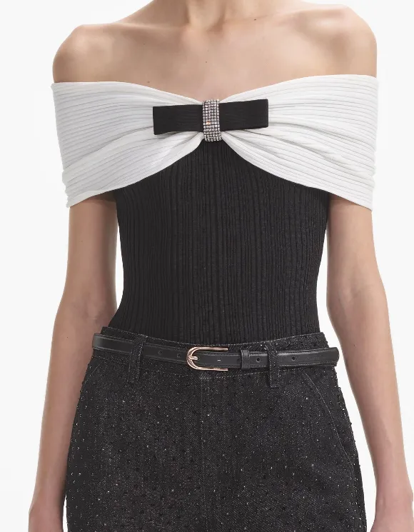 SELF PORTRAIT Black Knit Bow Top