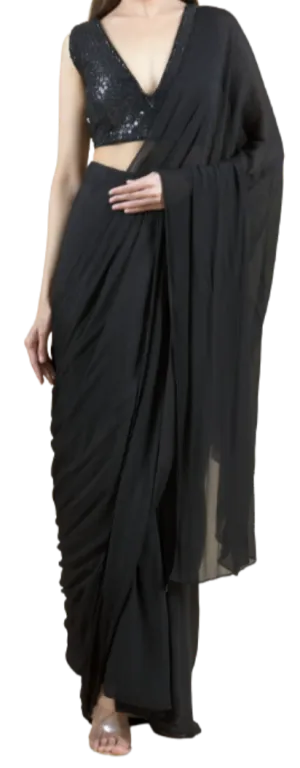 Sequined Pre-Draped Black Sari