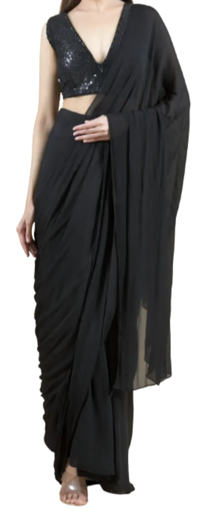 Sequined Pre-Draped Black Sari