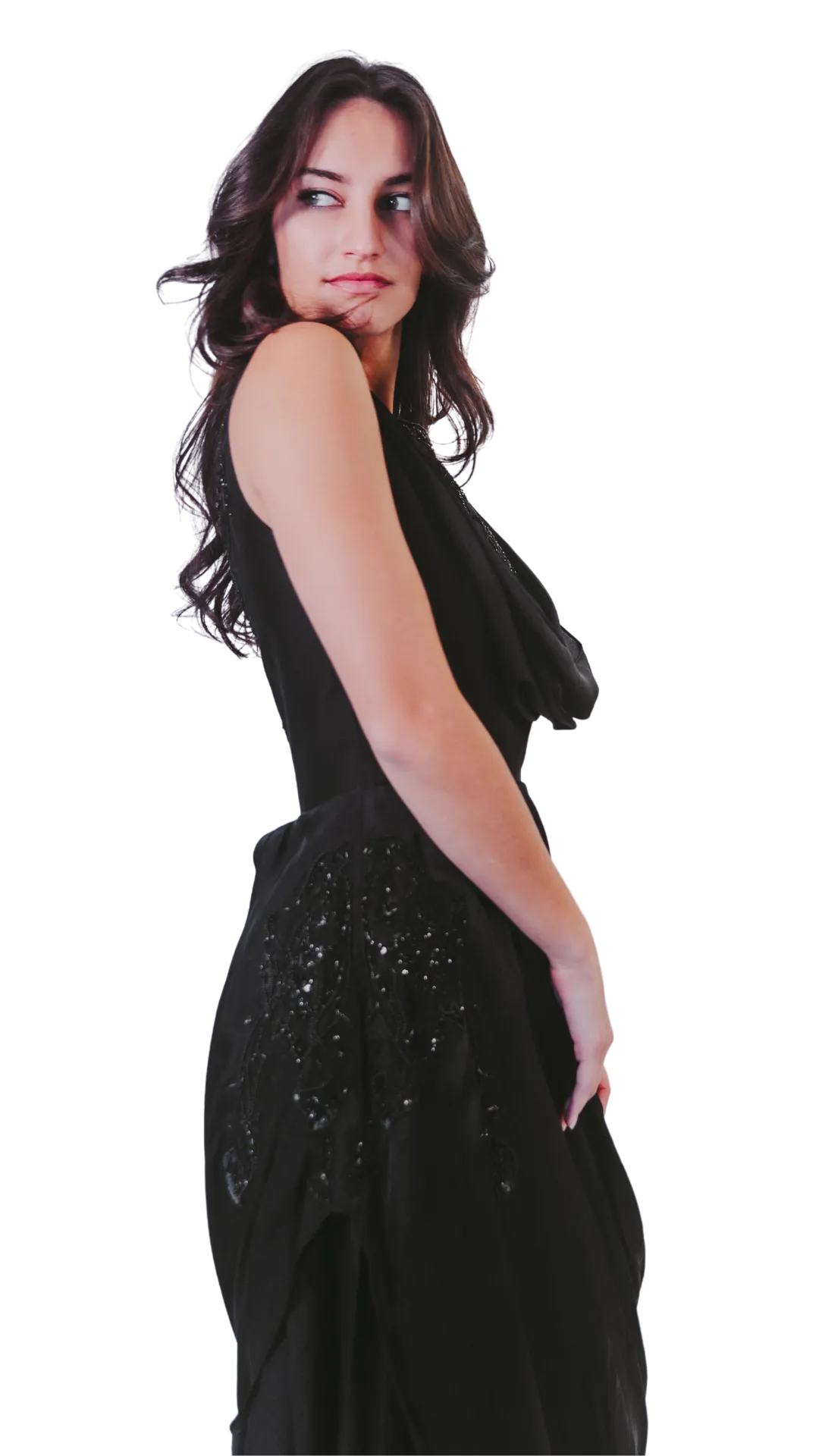 Sequinned Embroidered Black Draped Dress