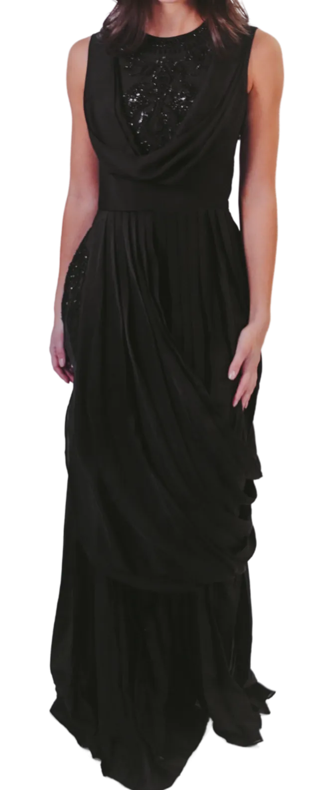 Sequinned Embroidered Black Draped Dress