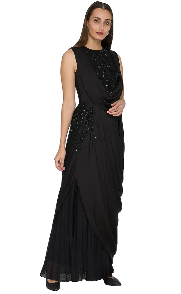 Sequinned Embroidered Black Draped Dress