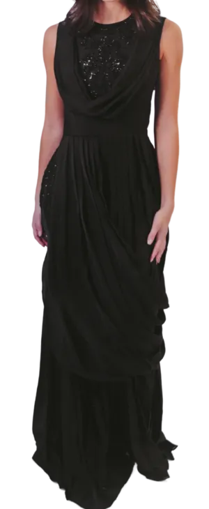 Sequinned Embroidered Black Draped Dress