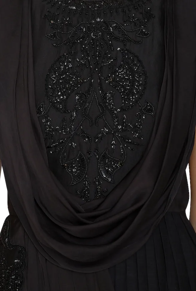Sequinned Embroidered Black Draped Dress