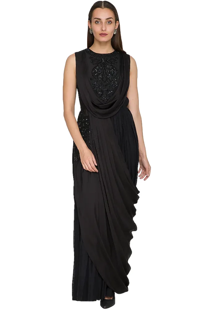 Sequinned Embroidered Black Draped Dress