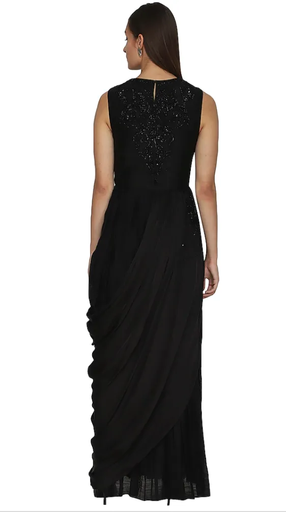 Sequinned Embroidered Black Draped Dress