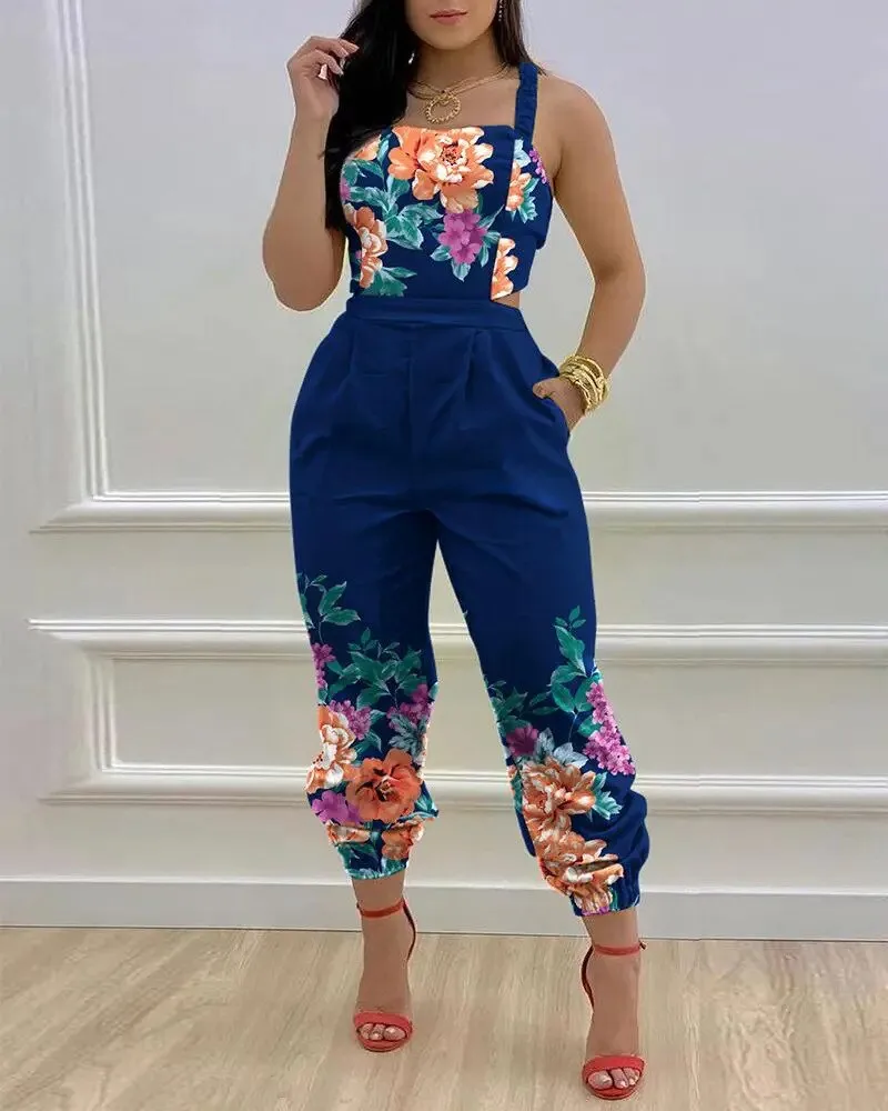 Sexy Backless Print Bow Jumpsuit Women 2023 Summer Outfits Casual Hip Waist Overalls Romper For Women Jumpsuits Elegance Overall