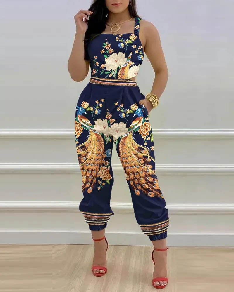 Sexy Backless Print Bow Jumpsuit Women 2023 Summer Outfits Casual Hip Waist Overalls Romper For Women Jumpsuits Elegance Overall