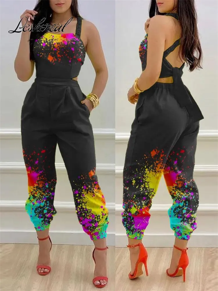 Sexy Backless Print Bow Jumpsuit Women 2023 Summer Outfits Casual Hip Waist Overalls Romper For Women Jumpsuits Elegance Overall