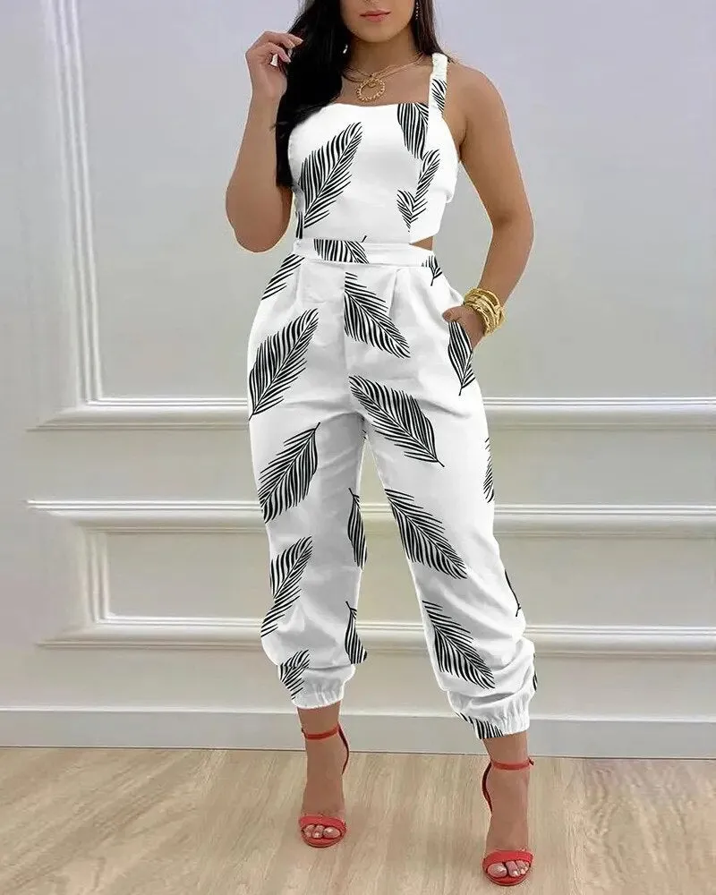 Sexy Backless Print Bow Jumpsuit Women 2023 Summer Outfits Casual Hip Waist Overalls Romper For Women Jumpsuits Elegance Overall