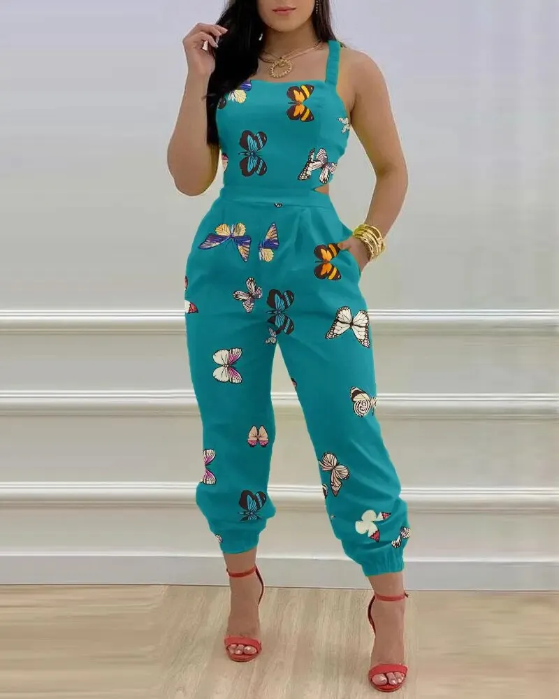 Sexy Backless Print Bow Jumpsuit Women 2023 Summer Outfits Casual Hip Waist Overalls Romper For Women Jumpsuits Elegance Overall