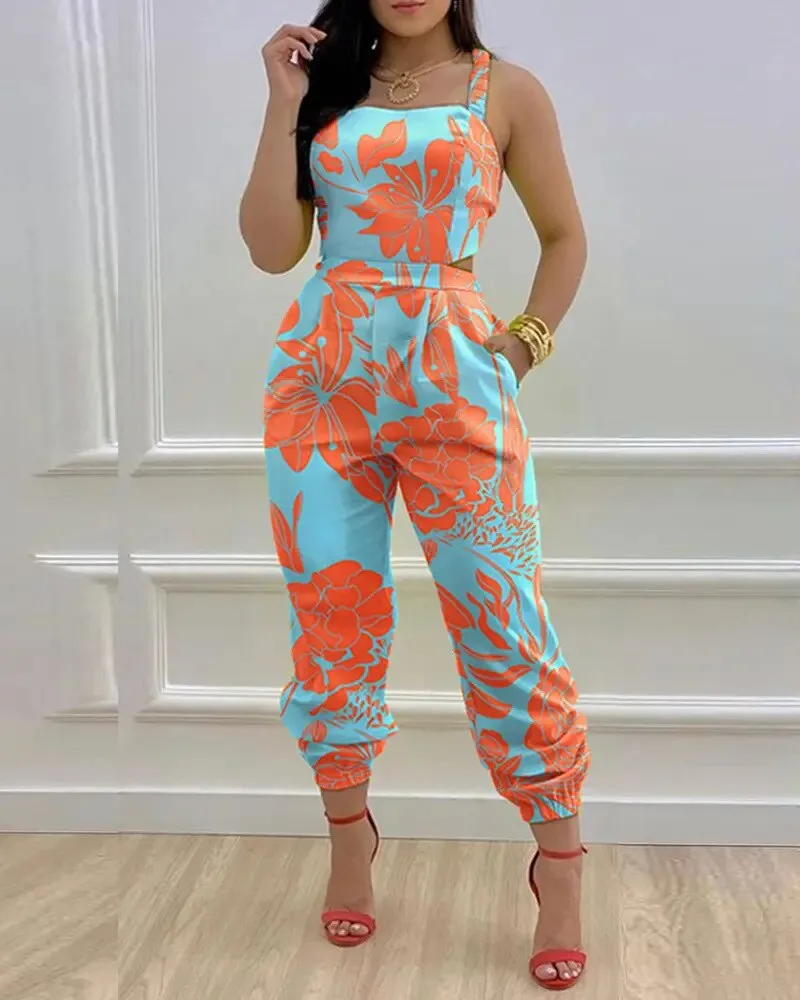 Sexy Backless Print Bow Jumpsuit Women 2023 Summer Outfits Casual Hip Waist Overalls Romper For Women Jumpsuits Elegance Overall