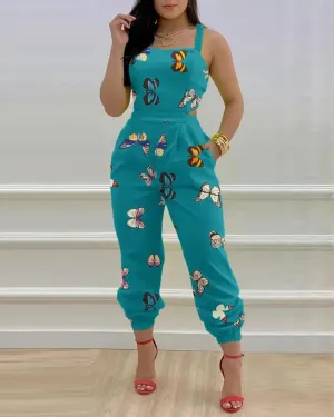 Sexy Backless Print Bow Jumpsuit Women 2023 Summer Outfits Casual Hip Waist Overalls Romper For Women Jumpsuits Elegance Overall