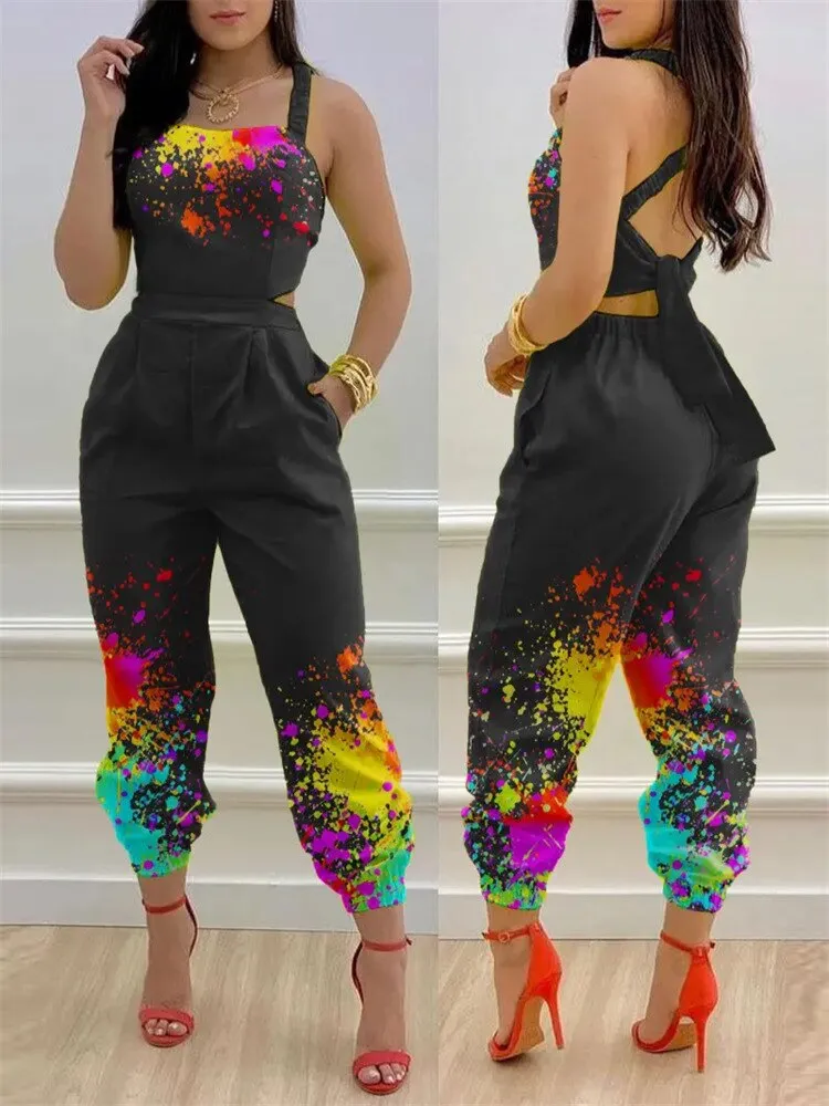 Sexy Backless Print Bow Jumpsuit Women 2023 Summer Outfits Casual Hip Waist Overalls Romper For Women Jumpsuits Elegance Overall