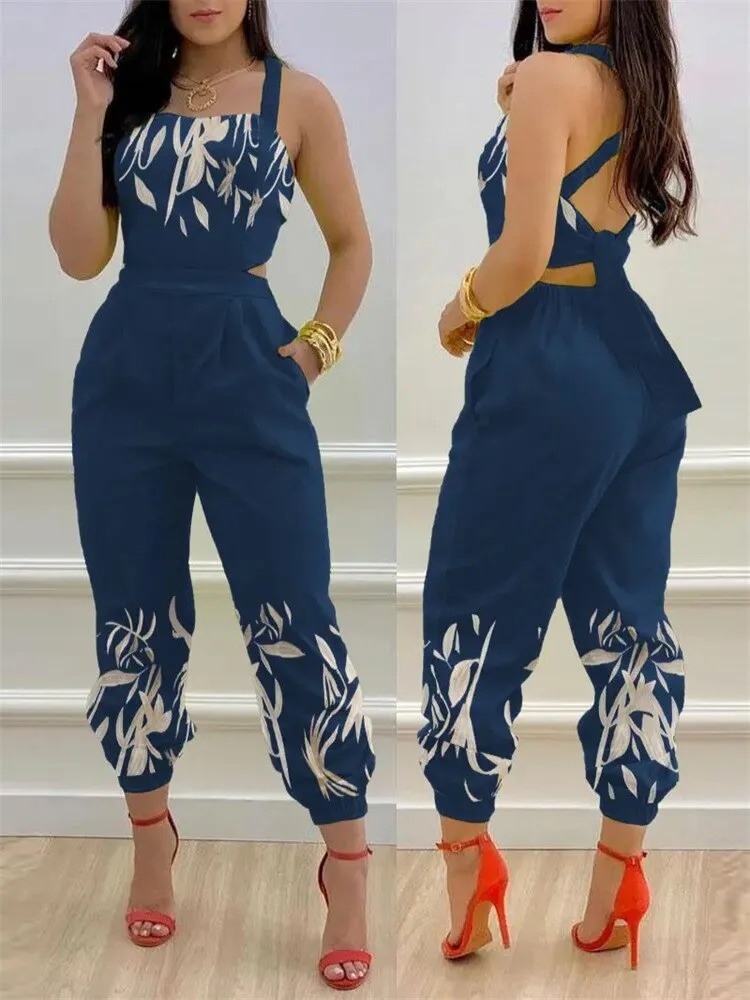 Sexy Backless Print Bow Jumpsuit Women 2023 Summer Outfits Casual Hip Waist Overalls Romper For Women Jumpsuits Elegance Overall