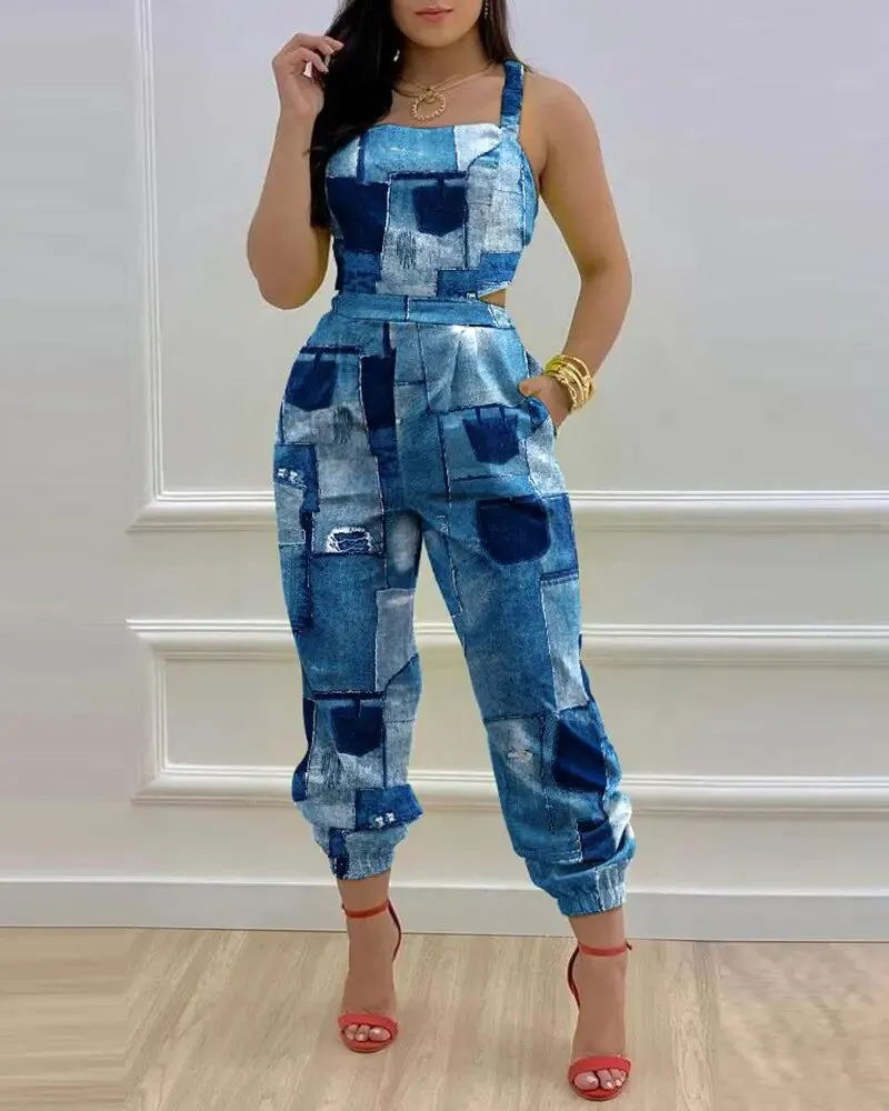 Sexy Backless Print Bow Jumpsuit Women 2023 Summer Outfits Casual Hip Waist Overalls Romper For Women Jumpsuits Elegance Overall